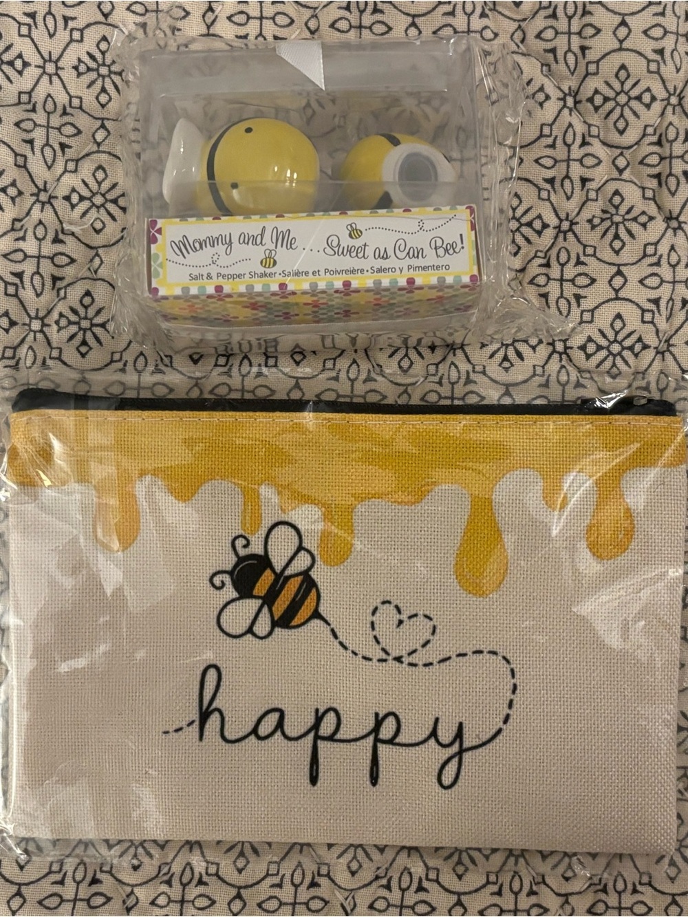 Happy Bee Zipper Pouch and Bee Salt & Pepper Shakers - Yellow